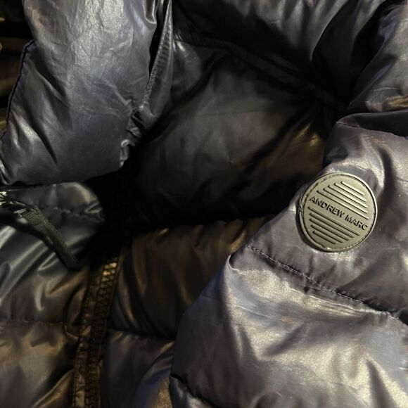 Andrew Marc Puffer 650 fill Down Jacket Coat Packable Women M Navy Black - Picture 16 of 16